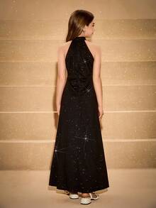 Elegant Flower Girl Dress For Graduation, Wedding, Ball, Suitable For Halloween, Christmas - Sapphire Blue Glitter Knit Spaghetti Strap Floral Decor Midi Dress For Tween Girls, Fashion Back To School High-Low Tulle Princess Dress - Navy Blue - View 2