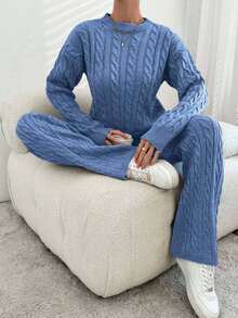 EURMUSE 2pcs Women Solid Color Twist Cable Print Round Neck Long Sleeve Sweater Top And Long Pants Set - Blue - View 5