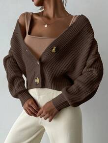 1pc Women Front Button Long Sleeve Solid Color Casual Simple Top, Daily Wear - Brown - View 4