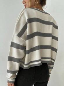 EURMUSE Jersey con patrón de rayas de hombros caídos - Multicolor - Ver 2