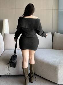 Vibekara 加大码女式海军蓝领纽扣前针织保暖毛衣裙，适合秋冬季，返校/通勤装