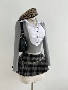 Elamini 女士修身针织拼接休闲办公职业时尚单品，秋冬季，时尚撞色衬衫领长袖百搭衬衫T恤 - 灰色 - 查看 6