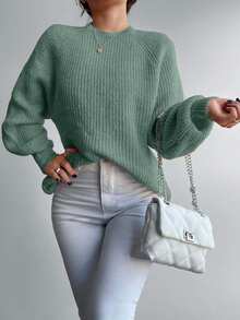 RueChic Solid Ribbed Knit Lantern Sleeve Sweater - Màu xanh nhạt - Xem 3