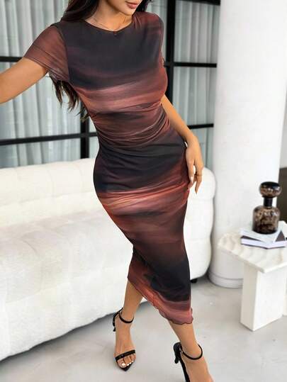 SHEIN PETITE Women's Fashionable Mesh Printed Short Sleeve Long Dress, Spring/Summer Women S Clothes Women Summer Clothing Work Summer Dresses Midi Dress Beach Party Graduation Dress Office Outfits For Women Airport Summer Honeymoon Woman Dress For Women Boho,Dresses For Women Summer