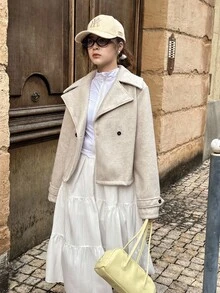 SHEIN Teen Girls Front Button Lapel Long Sleeve Casual Jacket, Everyday Wear