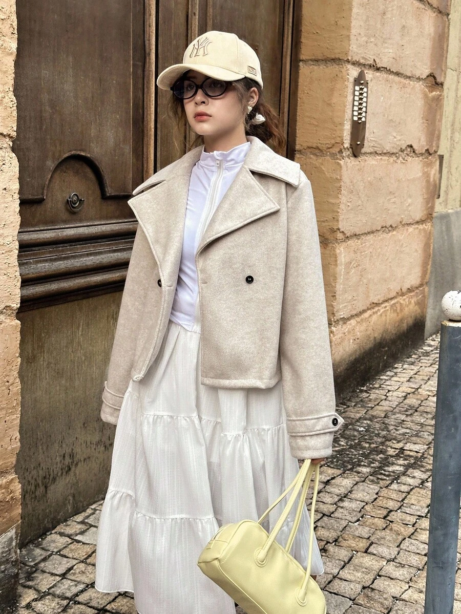 SHEIN Teen Girls Front Button Lapel Long Sleeve Casual Jacket, Everyday Wear