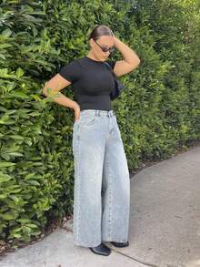 Nezia Cruz MOD Plus Size Patch Pocket Casual Versatile Loose Wide Leg Baggy Jeans - Medium Wash - View 4