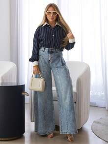Cioccolato Calça Denim Feminina Perna Larga Plissada, Calça Casual Versátil e na Moda - Lavagem Média - Visão 1