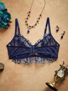 SHEIN Sutien de damă transparent cu dantelă brodată, bleumarin, cu model lifting - Albastru regal - Vizualizare 2