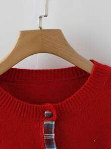 Franclia French Round Neck Plaid Patchwork Regular Cardigan For Women, Autumn/Winter Fashionable Casual Red Plaid Crew Neck Cardigan, Button-Down Long-Sleeve Cardigan, Casual New Year, Back-To-School Season, For Going Out, Winter, Everyday Home Wear, Red Plaid Cuffs Red Top - Red - View 5