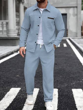 Manfinity Homme Men's Pocket Corduroy Shirt & Elasticated Waistband Pants Casual Suit Men 2 Pieces Leisure Suits Dusty Blue Suits For Men Baby Blue Men Outfit Men Dressy Set, For Winter
