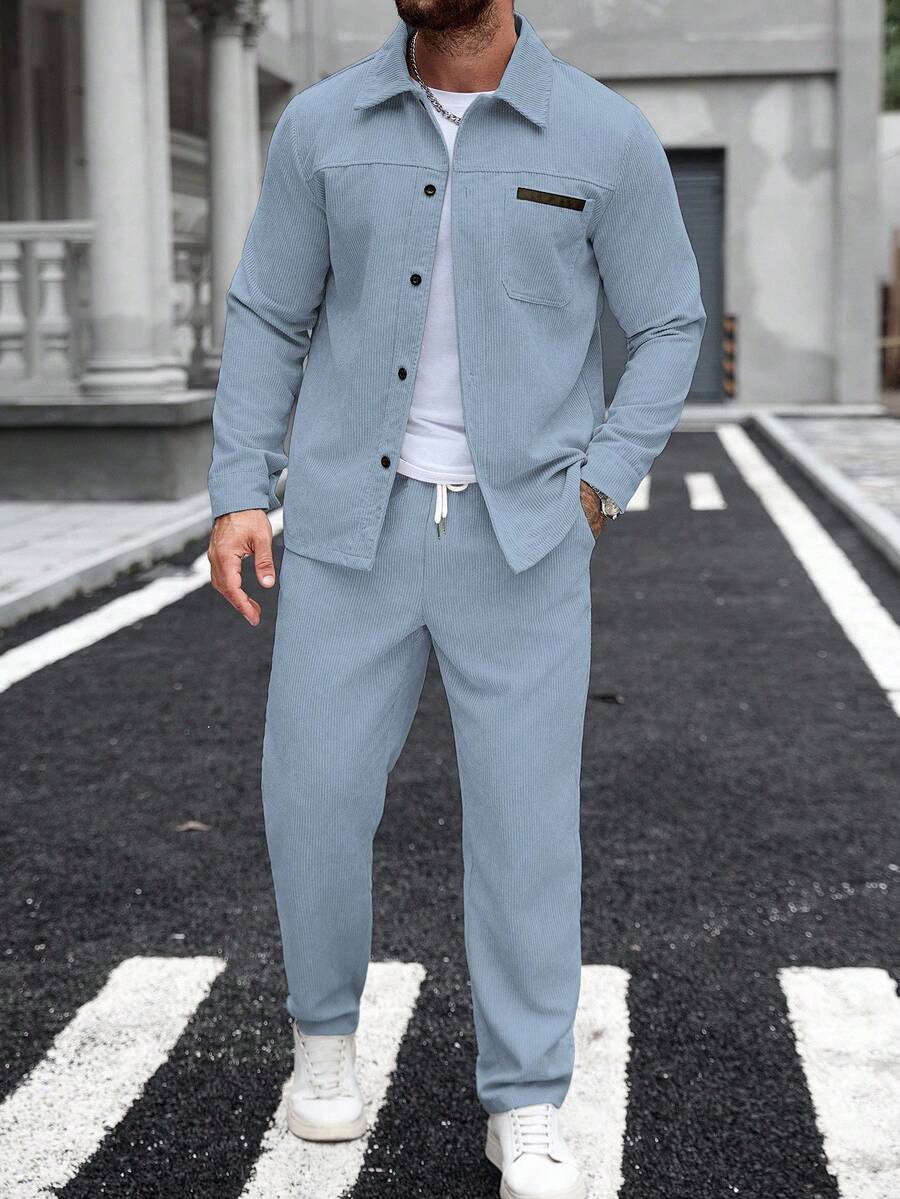 Manfinity Homme Men's Pocket Corduroy Shirt & Elasticated Waistband Pants Casual Suit Men 2 Pieces Leisure Suits Dusty Blue Suits For Men Baby Blue Men Outfit Men Dressy Set, For Winter - Baby Blue - View 1