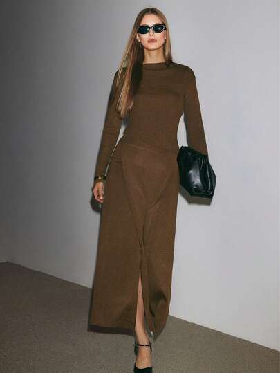 ATUI Studio 2pcs Brown Sweater Maxi Skirt Set, Winter Women Outfit, Effortless Chic Essential, Casual Business Wear, Old Money Aesthetic, Minimalism, Thanksgiving Women Outfit