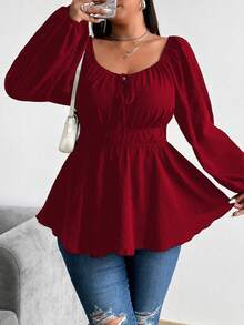 Sunspun Plus Size Drawstring & Elastic Waist Front Button Long Sleeve Shirt Peplum Top - Red - View 5