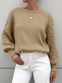 EURMUSE 女士纯色圆领长袖休闲毛衣 - 米色 - 查看 3