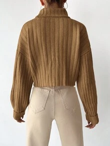 EURMUSE Turtleneck Drop Shoulder Ribbed Knit Sweater - Brown - View 2