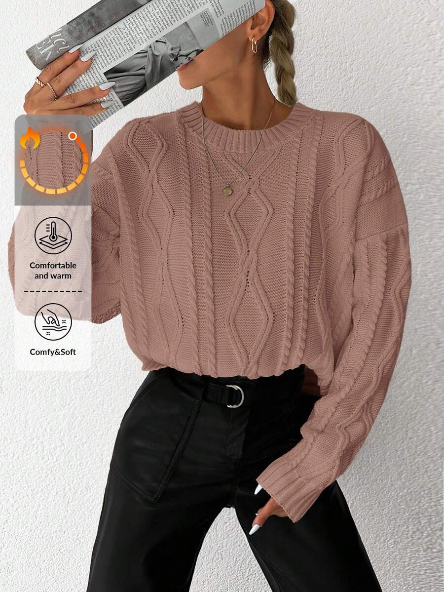 EURMUSE Jersey tejido de cable de hombros caídos - Rosa vieja - Ver 1