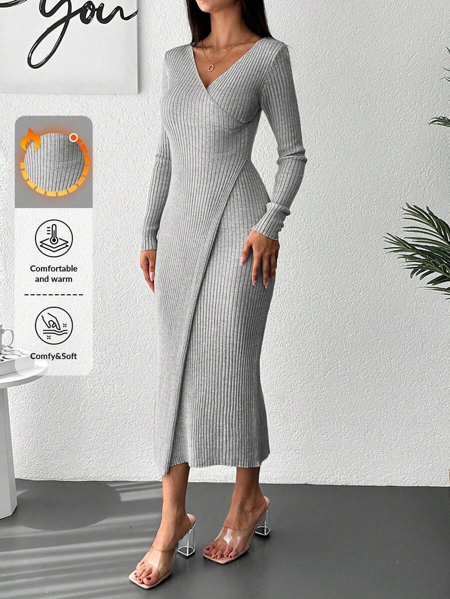 EURMUSE Rib-knit Wrap Sweater Dress - Grey - View 1