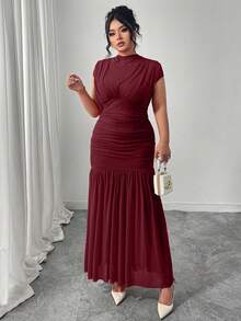 Cravure 加大码新款时尚纯红色迷你立领无袖性感镂空网眼拼布褶皱 A 字长裙，适合毕业派对、度假和约会 - 中紫紅色 - 查看 3