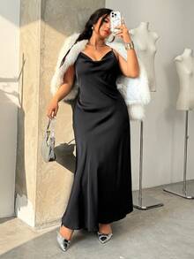 GalTyme Váy suông cổ xếp ly màu trơn thanh lịch cỡ lớn cho nữ - màu đen - Xem 3