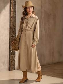 Wildy 休闲法式韩版街头时尚办公室通勤中长连衣裙，秋季新品，咖啡色 - 卡其色 - 查看 5