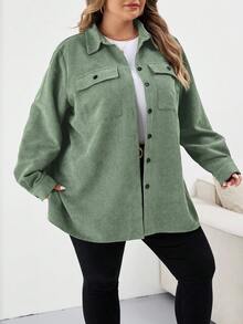 SHEIN CURVE+ 大码女式休闲纽扣长袖纯色夹克大码灯芯绒衬衫 8xl 女装大码大码衬衫曲线衬衫 6xl 加大女装，秋季女装冬季秋装/秋冬 - 綠色 - 查看 3
