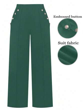 SHEIN CURVE+ Plus Size Women Loose Wide Leg Casual Business Suit Pants With Button Design