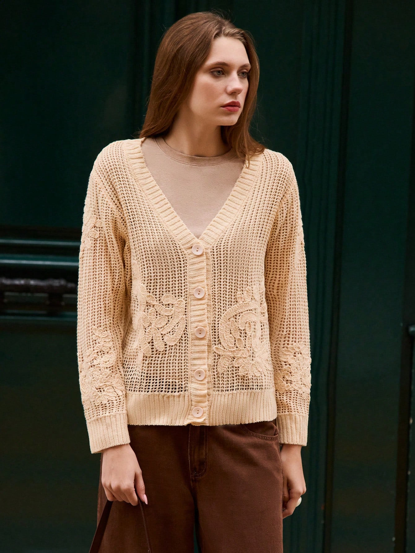 Damen modischer einfarbiger bestickter Cardigan, Herbst