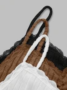 GlowEve Conjunto de 3 piezas de camisetas sin mangas acanaladas de unicolor con encaje y fruncido para mujer, para otoño/invierno - Multicolor - Ver 3