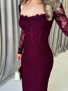 Jemour Đầm Maxi Ôm Sát Cổ Tròn Phối Ren Tay Dài Kiểu Corset Phong Cách Dự Tiệc/Hẹn Hò/Buổi Tối Mới Thu/Đông Cho Nữ, Màu Đen - Màu Đỏ Sâu - Xem 3