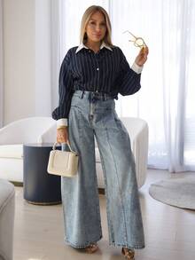 Cioccolato Calça Denim Feminina Perna Larga Plissada, Calça Casual Versátil e na Moda - Lavagem Média - Visão 5