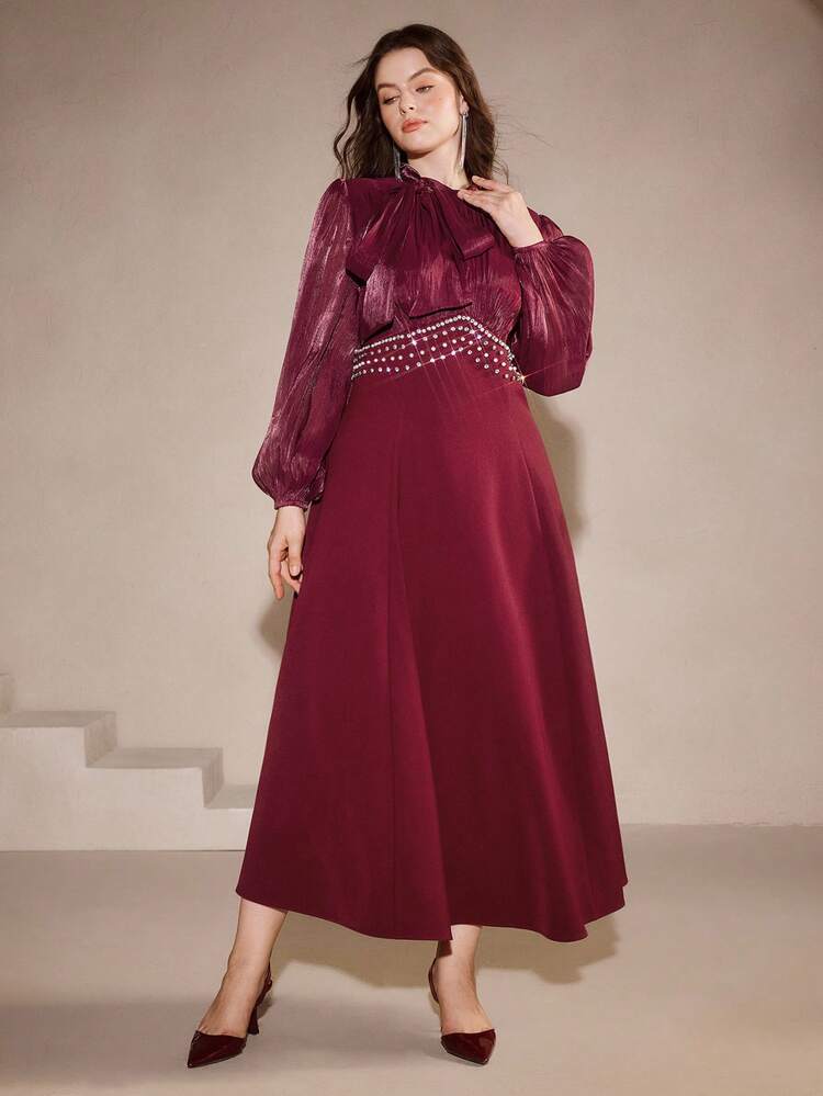 Plus Size Lace-Up Heavily Beaded Elegant Wine Red Dress For Women, Autumn/Winter, Christmas, New Year