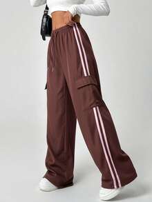 SHEIN EZwear 女式休闲多色抽绳腰带条纹侧袋裤 - 彩色 - 查看 3