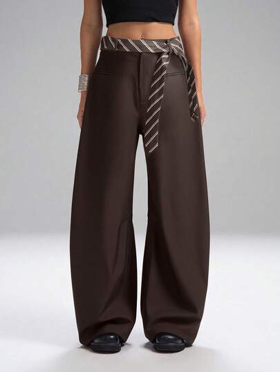 LYSMO 2025 新款女士休闲宽松弯刀西装裤，配条纹腰带，适合通勤和日常穿着，办公室，秋冬时尚简约