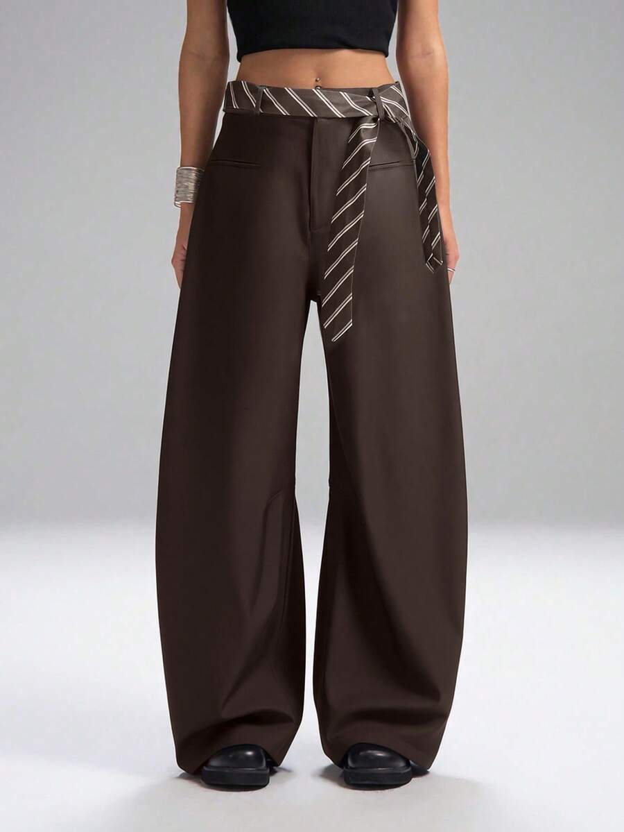 LYSMO 2025 新款女士休闲宽松弯刀西装裤，配条纹腰带，适合通勤和日常穿着，办公室，秋冬时尚简约 - 咖啡棕 - 查看 1