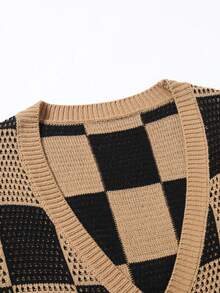 Manfinity Homme 男士秋季格纹单排扣镂空休闲开衫 - 咖啡棕 - 查看 3