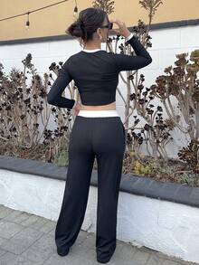 Andrea Bello 2pcs Women's Fall Contrast Trim Fitted Long Sleeve Top And Pants Set - Black and White - View 2