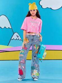 Adventure Time X ROMWE 卡通图案破洞宽松喇叭牛仔裤 - 藍色 - 查看 9