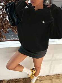 SHEIN Leap Crew Tween Girl Horse Embroidery Hooded Sweatshirt In Fall/Winter - Black - View 3