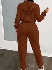 Zolique Women's Casual Sports Style Everyday Commute Contrast Color Drawstring Hooded Zip-Up Jumpsuit, Spring/Autumn - Coffee Brown - View 2