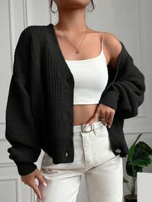 EURMUSE Solid Color Loose Fit Open Front Cardigan - Black - View 3