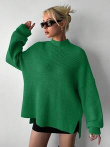 EURMUSE Mock Neck Drop Shoulder High Low Hem Sweater - Green - View 5