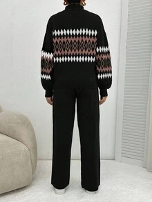 EURMUSE Women's Geometric Pattern High Neck Sweater 2pcs/Set - Black - View 2