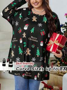 SHEIN CURVE+ Áo thun tay dài cổ tròn in khẩu hiệu Giáng sinh hình người bánh gừng cỡ lớn dành cho nữ - Nhiều màu - Xem 9