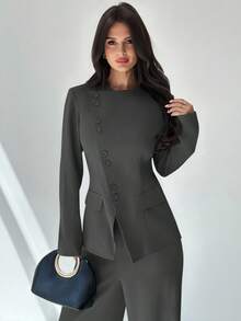 Firerie Women's Elegant Commuter Daily Versatile Street Fashion New Asymmetric Lapel Button Waist Long Sleeve Blazer And High Waist Long Pants Khaki Gray 2 Pieces Suit Set,Fall,Fall Clothes For Women - Dark Grey - View 7