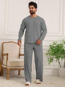 DAZY 深灰色T恤搭配长裤男士家居服套装，适合秋季、秋冬季穿着 - 深灰色 - 查看 5
