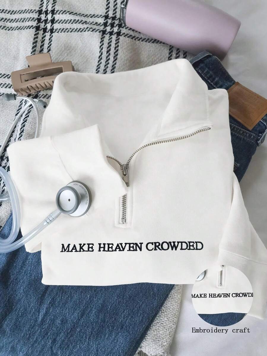 INAWLY 1/4 拉链刺绣“Make Heaven Crowded”运动衫 - 信仰毛衣 - 信仰为基础的女士毛衣 - 送给她的礼物 - 基督教赞美诗 - 白色 - 查看 1