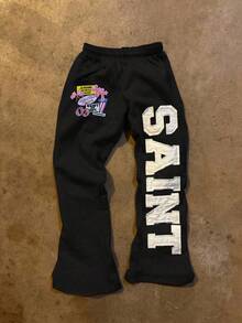 INAWLY Quần dài thời trang cạp chun có miếng vá chữ thường ngày cho nữ - màu đen - Xem 3