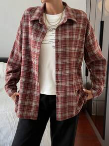 DAZY Damen Karo Loose Hemd mit Umlegekragen, Langarm, Kaffeebraun, Frühling/Sommer/Herbst