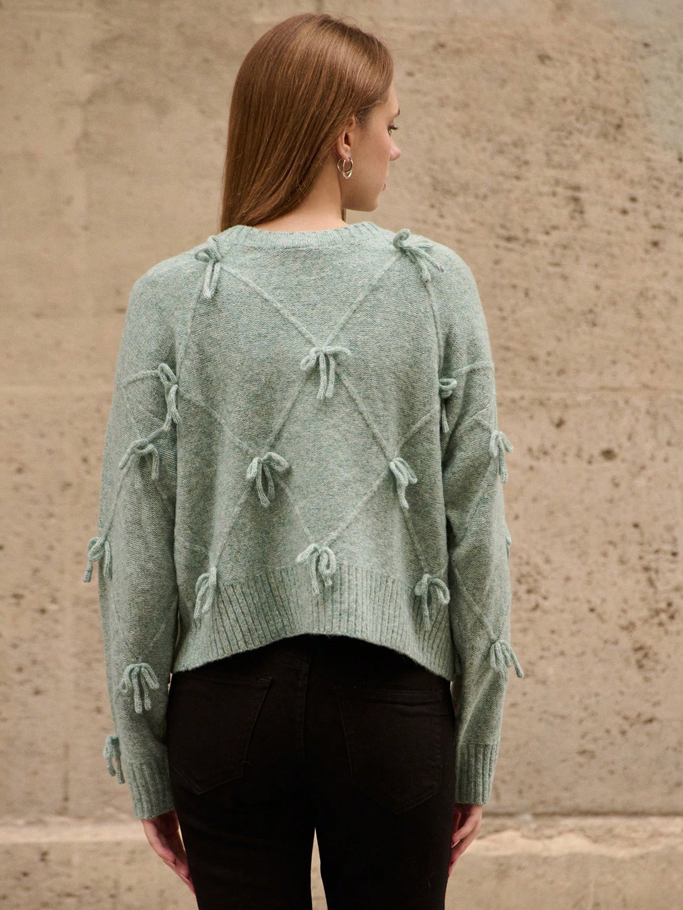 ボウジャンパー、着用簡単、グレーニットクルーネック